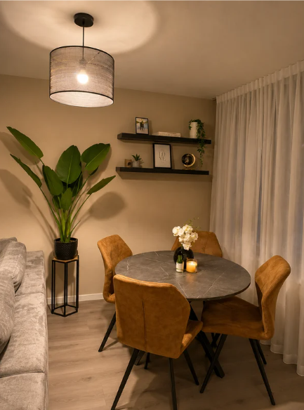 Na transformatie — eethoek met warm licht